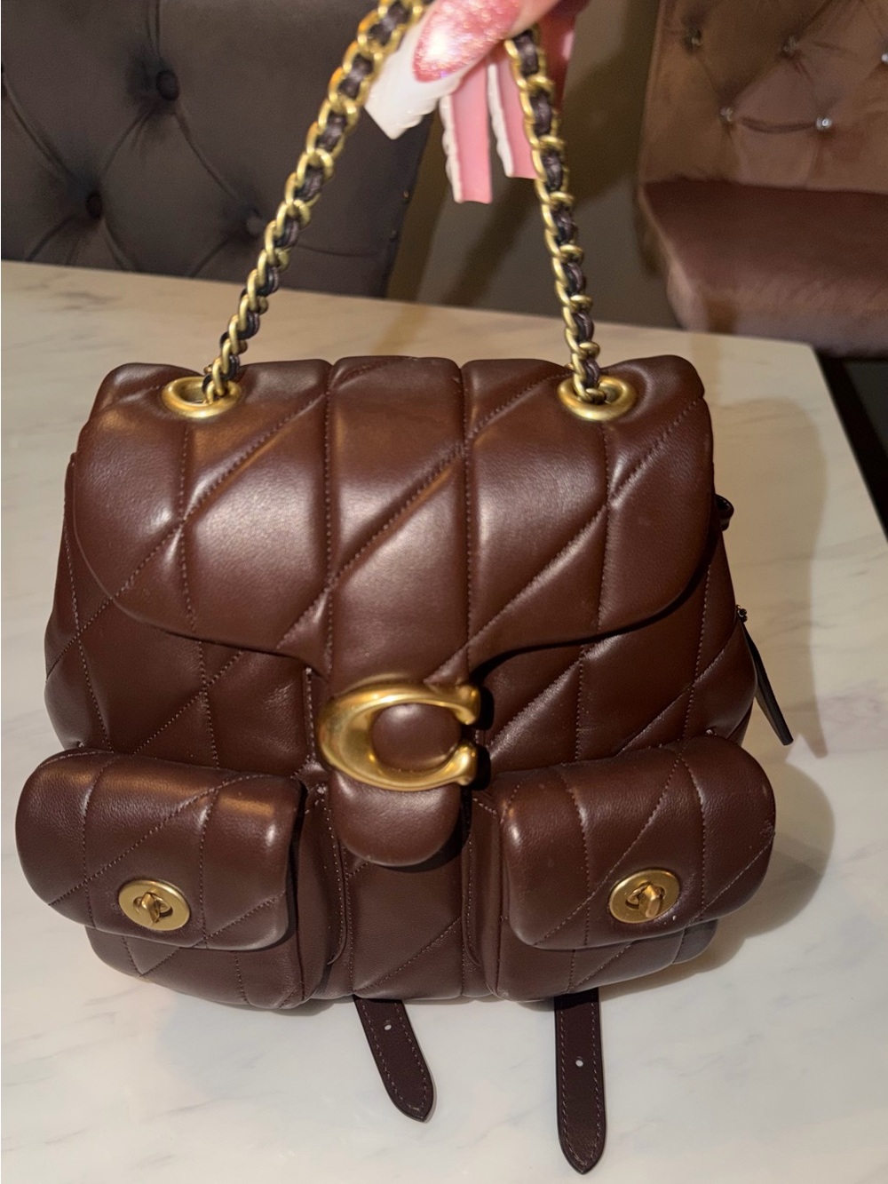 Coach Brown Quilted Leather Backpack with Gold Hardware
